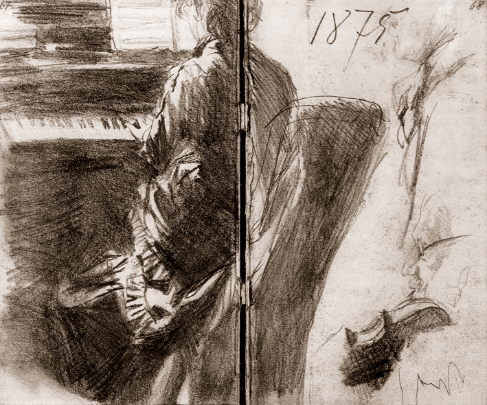  Adolpyh Von Menzel —— 弹钢琴女人的背影和一个小提琴手的局部